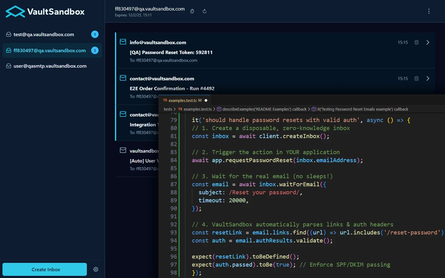 VaultSandbox self-hosted email testing platform dashboard showing production-like SMTP testing with TLS, DNS, and SPF/DKIM validation