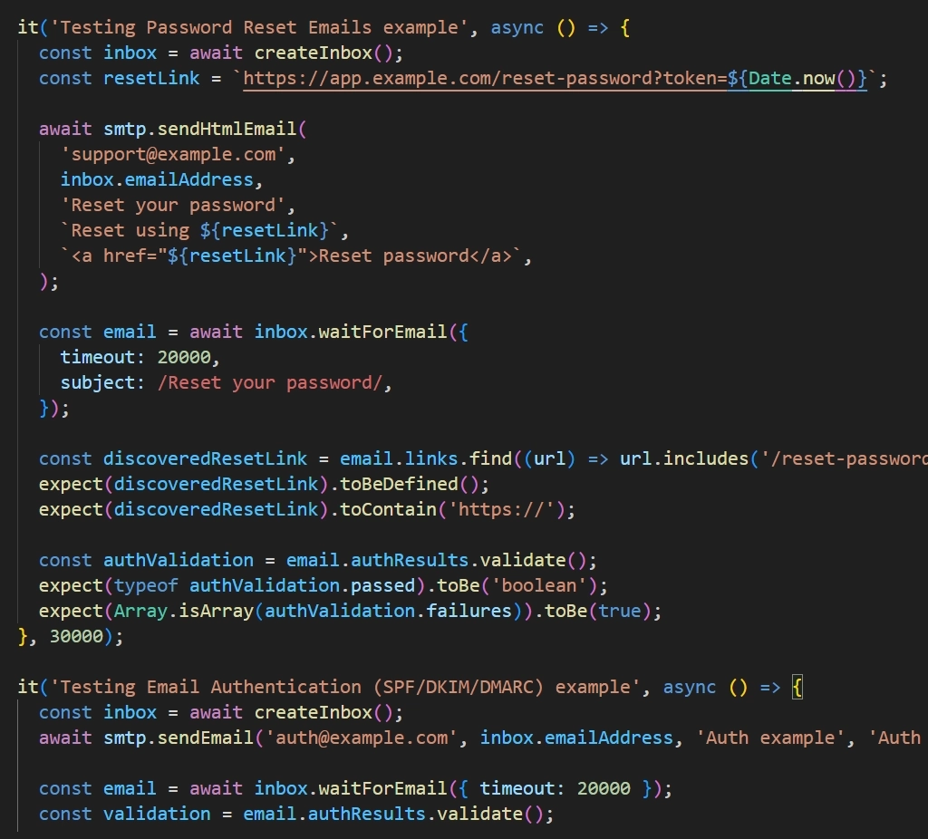 VaultSandbox Node.js SDK code example demonstrating deterministic email testing with Server-Sent Events for automated test workflows